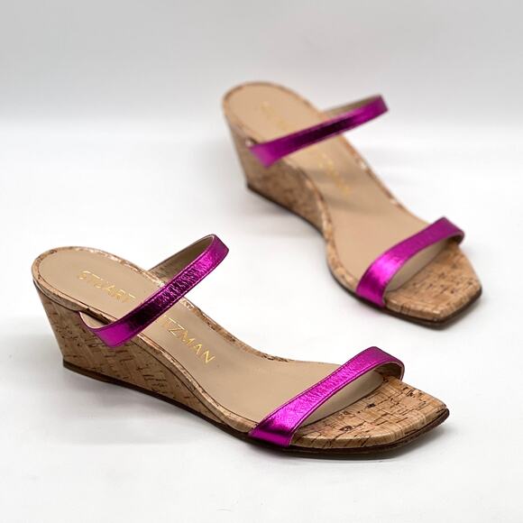 Stuart Weitzman Shoes - STUART WEITZMAN Aleena 50 Wedge Sandal Womens 8 Metallic Hot Pink Slide Cork